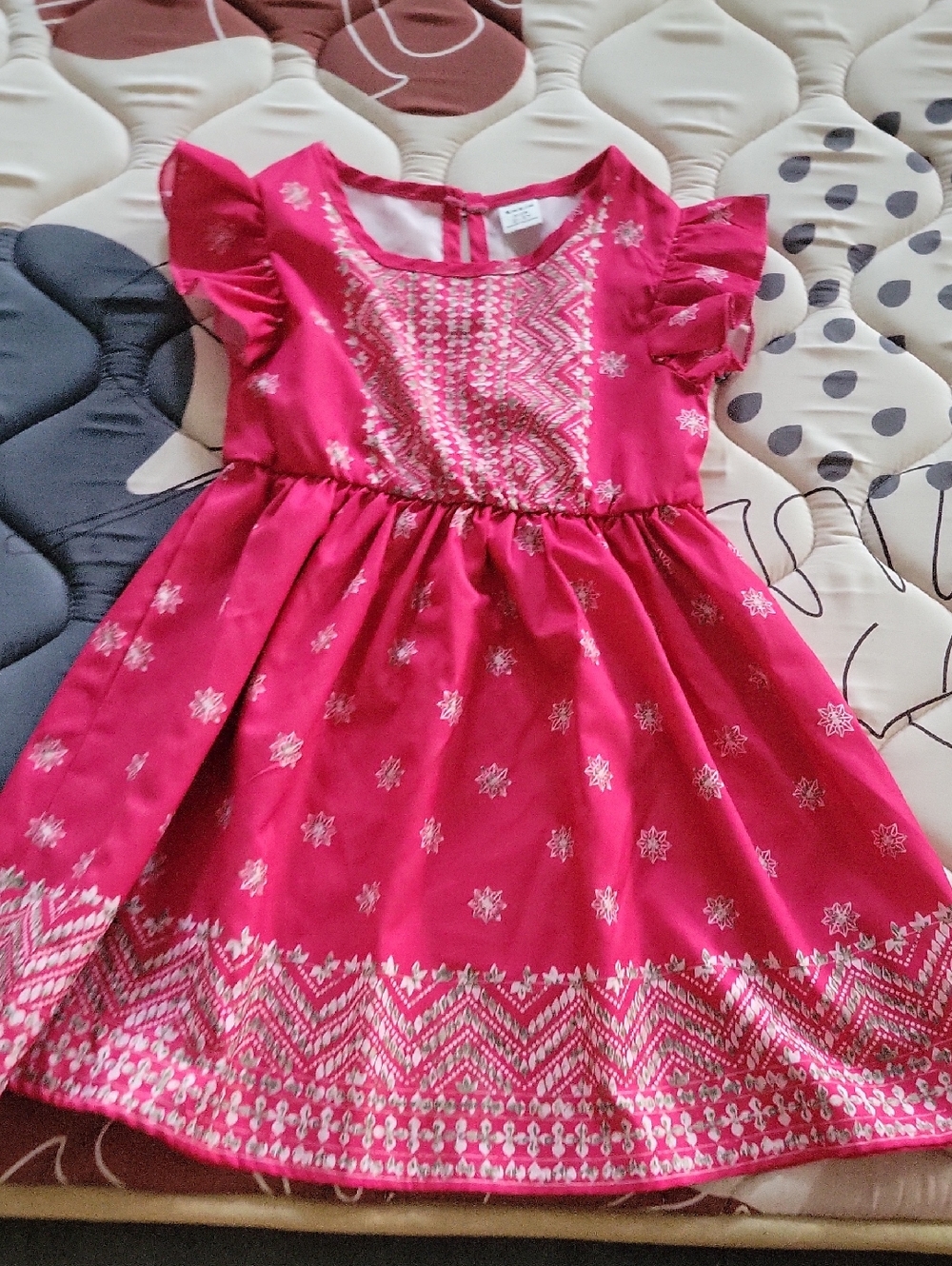 Girls Pink Embroidered Flutter-Sleeve Dress